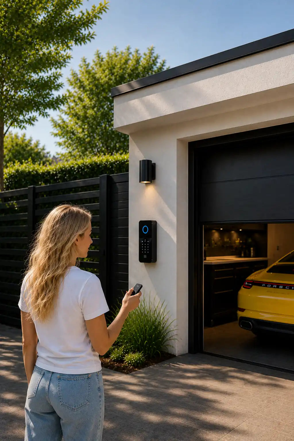 Techlune smart garage and gate automation system with luxury modern home and sports car